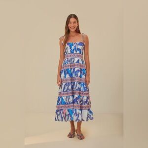 FARM Rio Off-White Blue Foliage Midi Dress